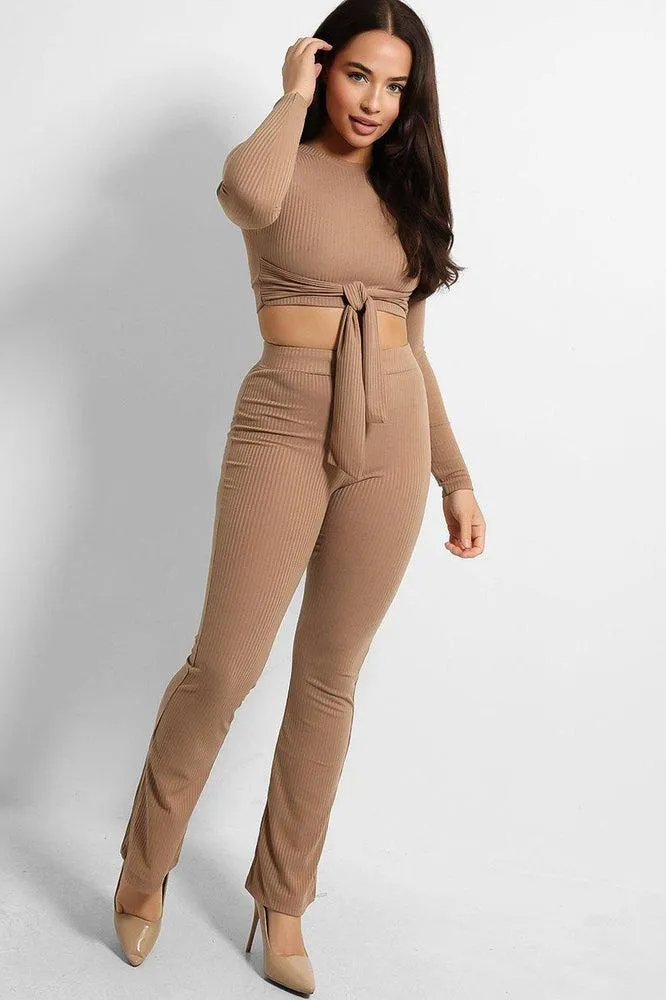 Ribbed Jersey Crop Tie Top And Trousers Set