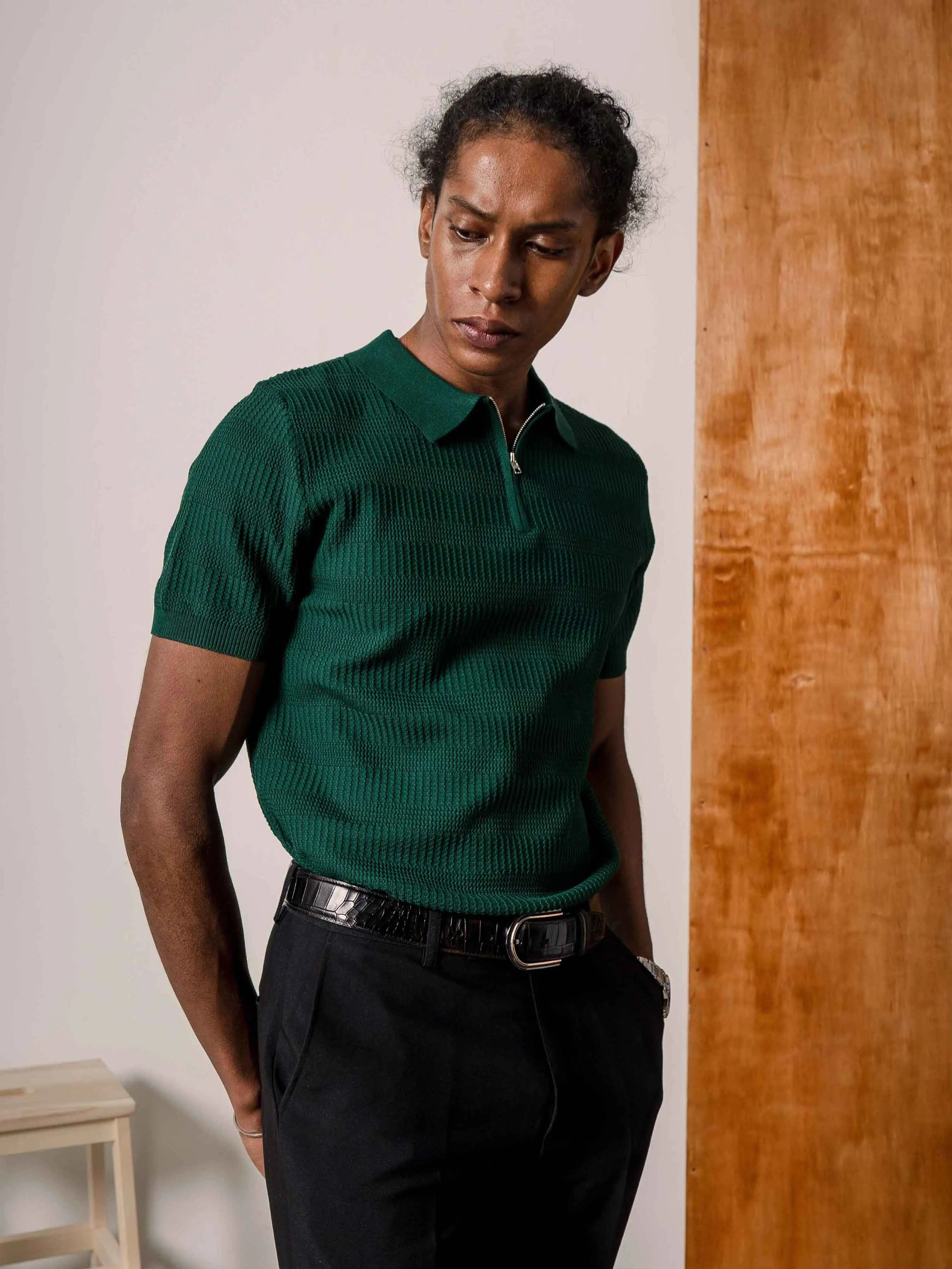 Riccardo Knit Polo Tee - Emerald Green Quarter-Zip