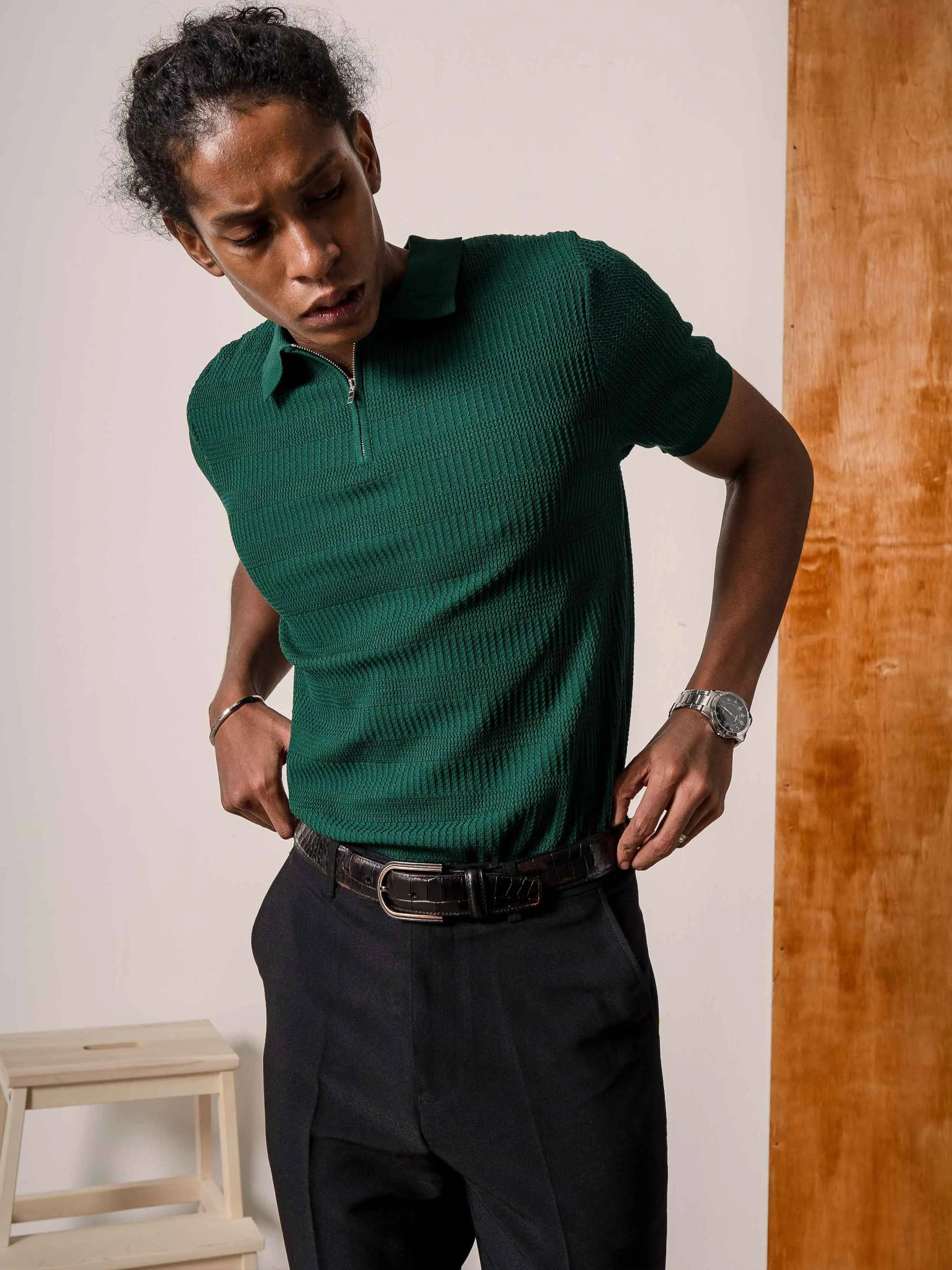 Riccardo Knit Polo Tee - Emerald Green Quarter-Zip