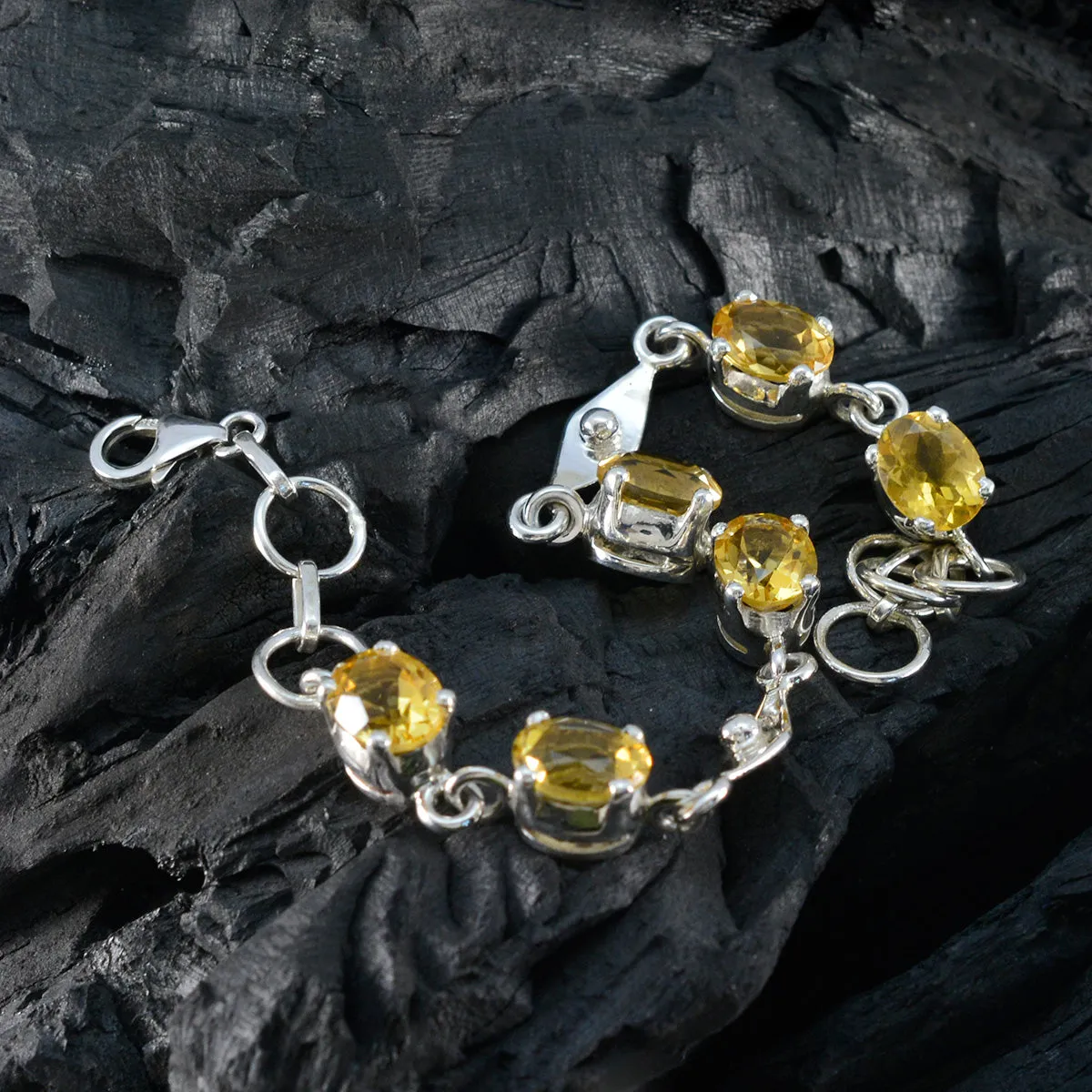 Riyo Custom 925 Sterling Silver Bracelet For Womens Citrine Bracelet Prong Setting Bracelet with Fish Hook Link Bracelet L Size 6-8.5 Inch.