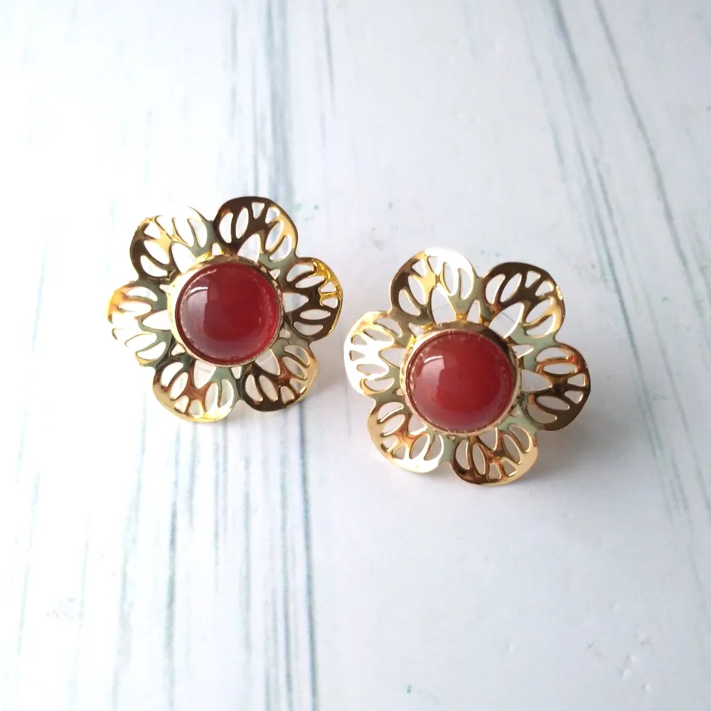 Round Red Carnelian Stud with Cutout Gumamela Earring Jacket