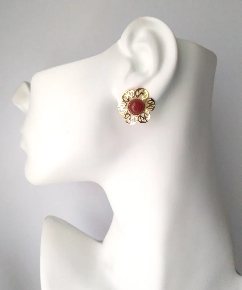 Round Red Carnelian Stud with Cutout Gumamela Earring Jacket