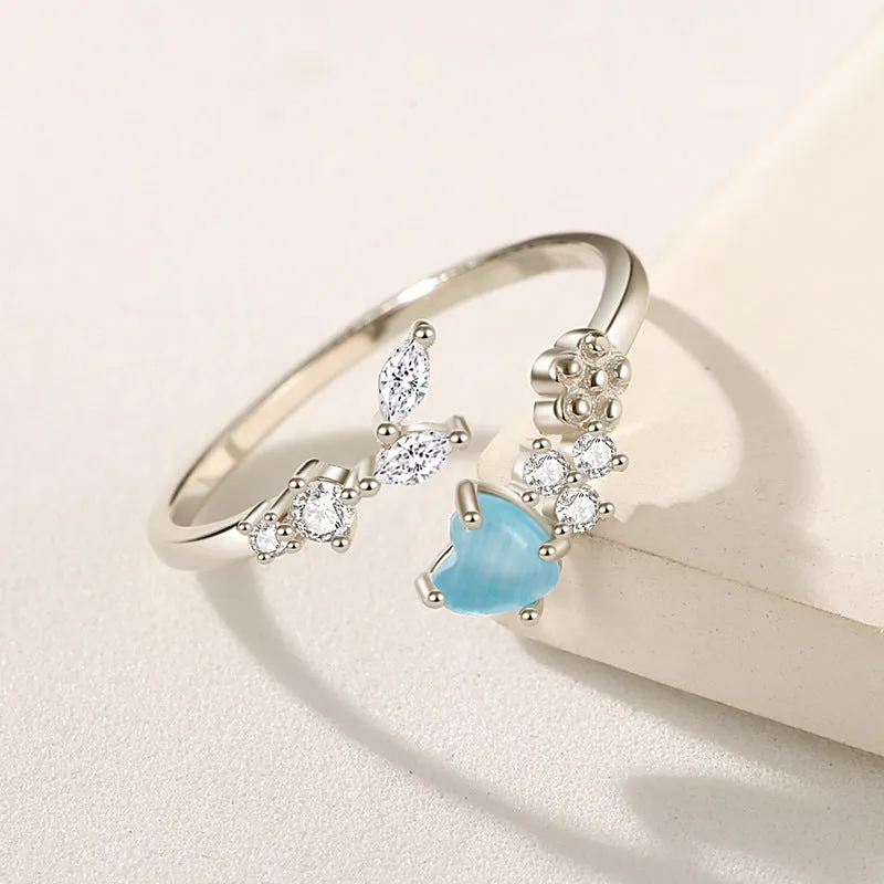 S925 Silver Leaf Heart Small Flower Toi et Moi Ring