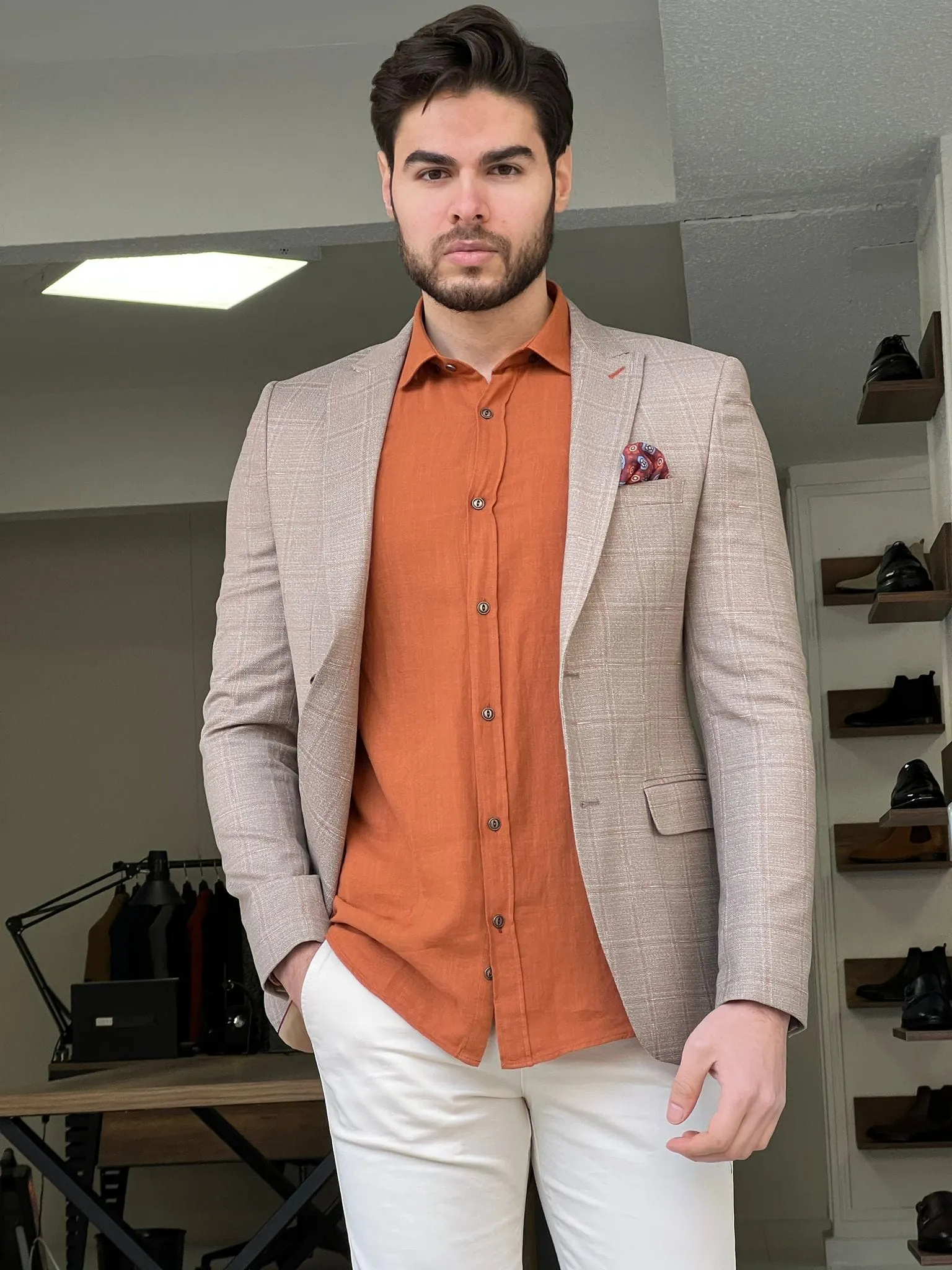 Slim Fit Plaid Beige Jacket