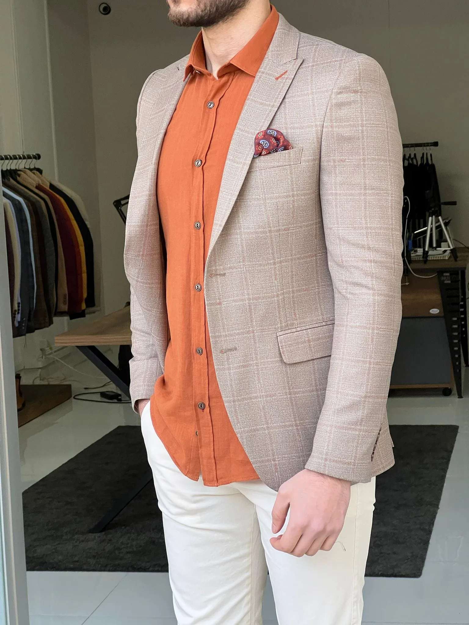 Slim Fit Plaid Beige Jacket