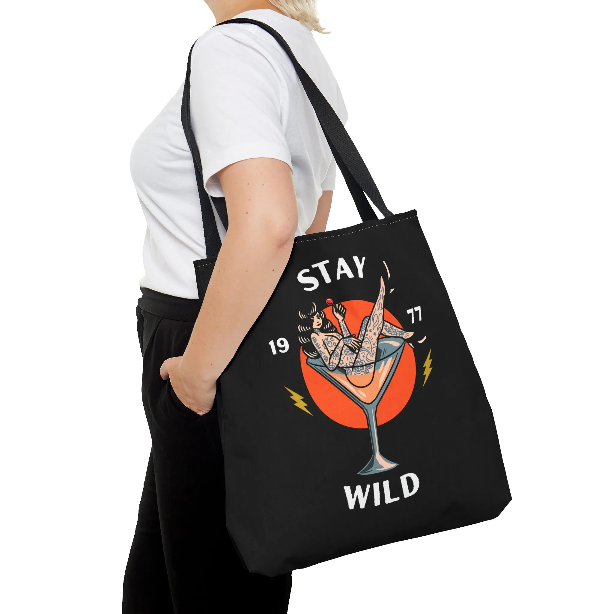 Stay Wild Tattooed Lady Tattoo Tote Bag in Black / Vintage American Old School Traditional Tattoo, Punk Rock Alternative Beach Shopping Bag