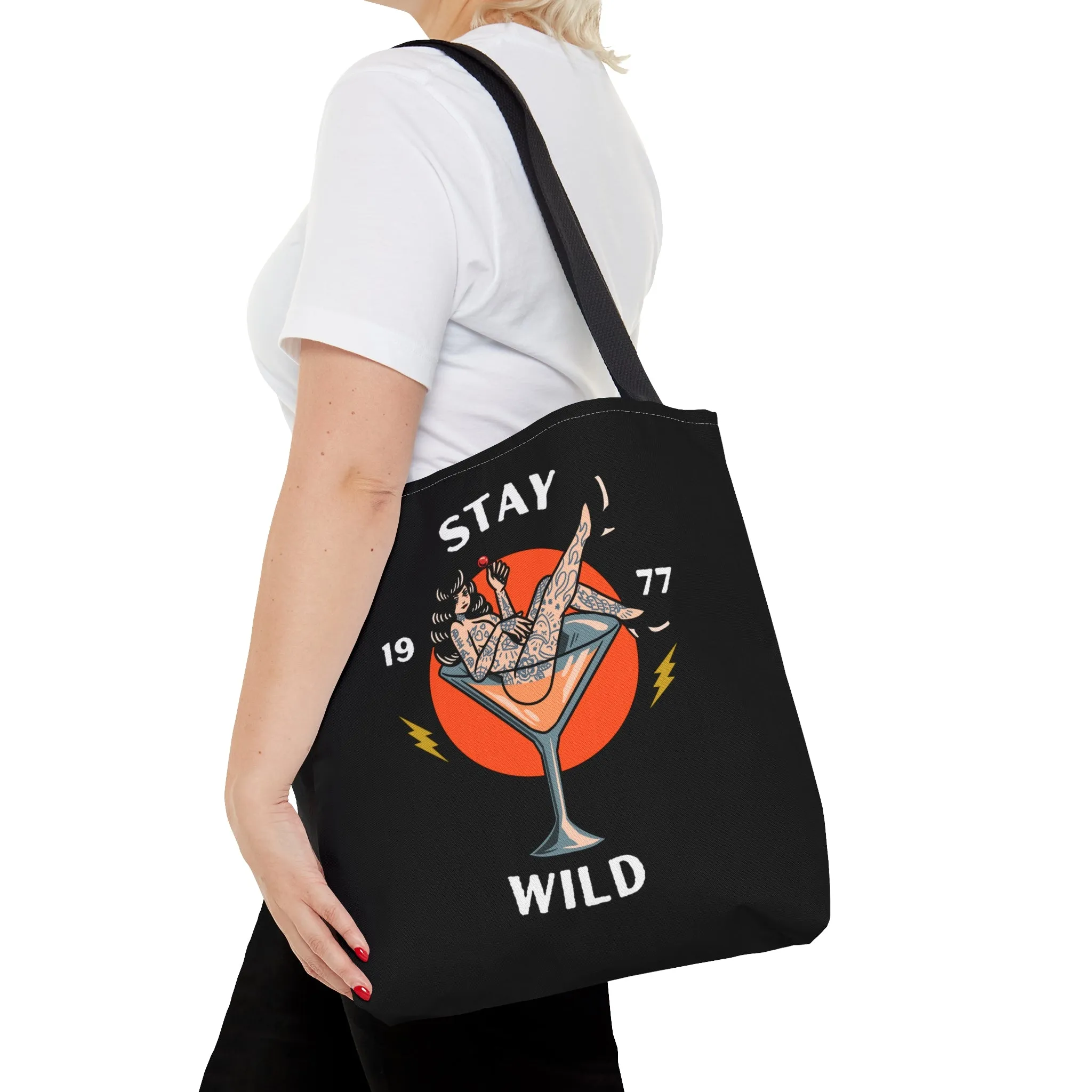 Stay Wild Tattooed Lady Tattoo Tote Bag in Black / Vintage American Old School Traditional Tattoo, Punk Rock Alternative Beach Shopping Bag