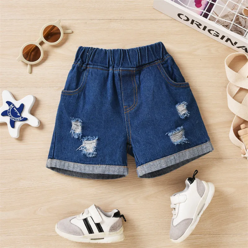 Toddler kids Summer Solid Cartoon Shark Print Short Sleeve T-Shirt Perforated Denim Shorts Set