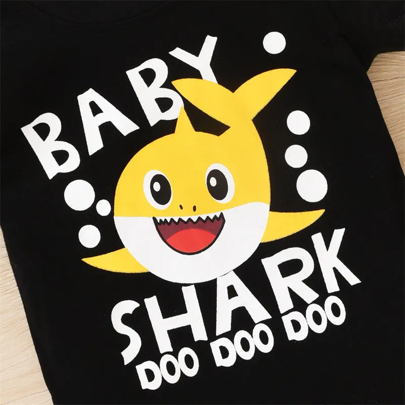 Toddler kids Summer Solid Cartoon Shark Print Short Sleeve T-Shirt Perforated Denim Shorts Set