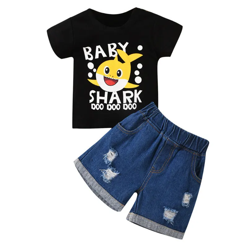 Toddler kids Summer Solid Cartoon Shark Print Short Sleeve T-Shirt Perforated Denim Shorts Set