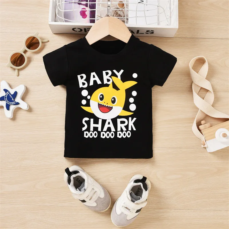 Toddler kids Summer Solid Cartoon Shark Print Short Sleeve T-Shirt Perforated Denim Shorts Set