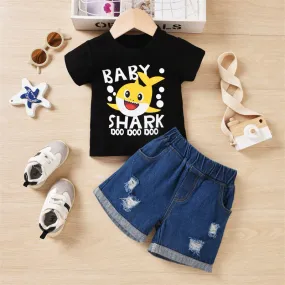 Toddler kids Summer Solid Cartoon Shark Print Short Sleeve T-Shirt Perforated Denim Shorts Set