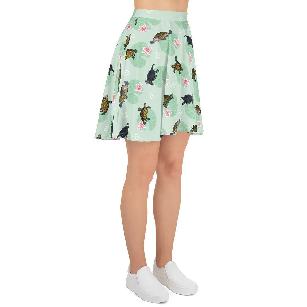 Turtle with Lily Pads Skater Skirt, Cute Reptile Bottom