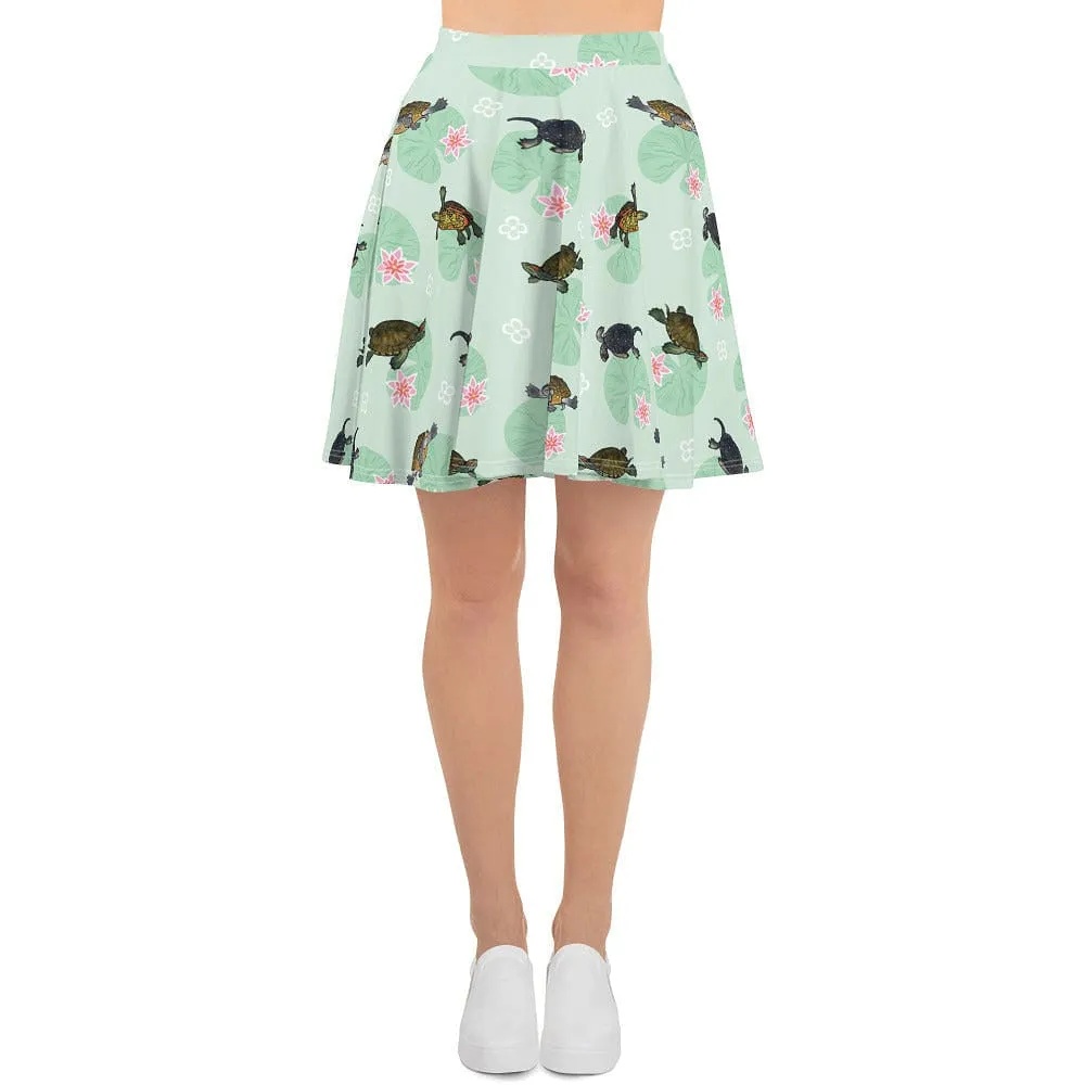 Turtle with Lily Pads Skater Skirt, Cute Reptile Bottom