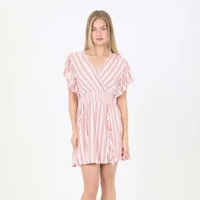 V-Neck Flutter Sleeve Watermelon Stripe Dress