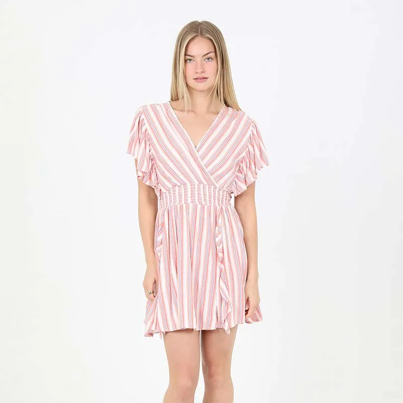 V-Neck Flutter Sleeve Watermelon Stripe Dress