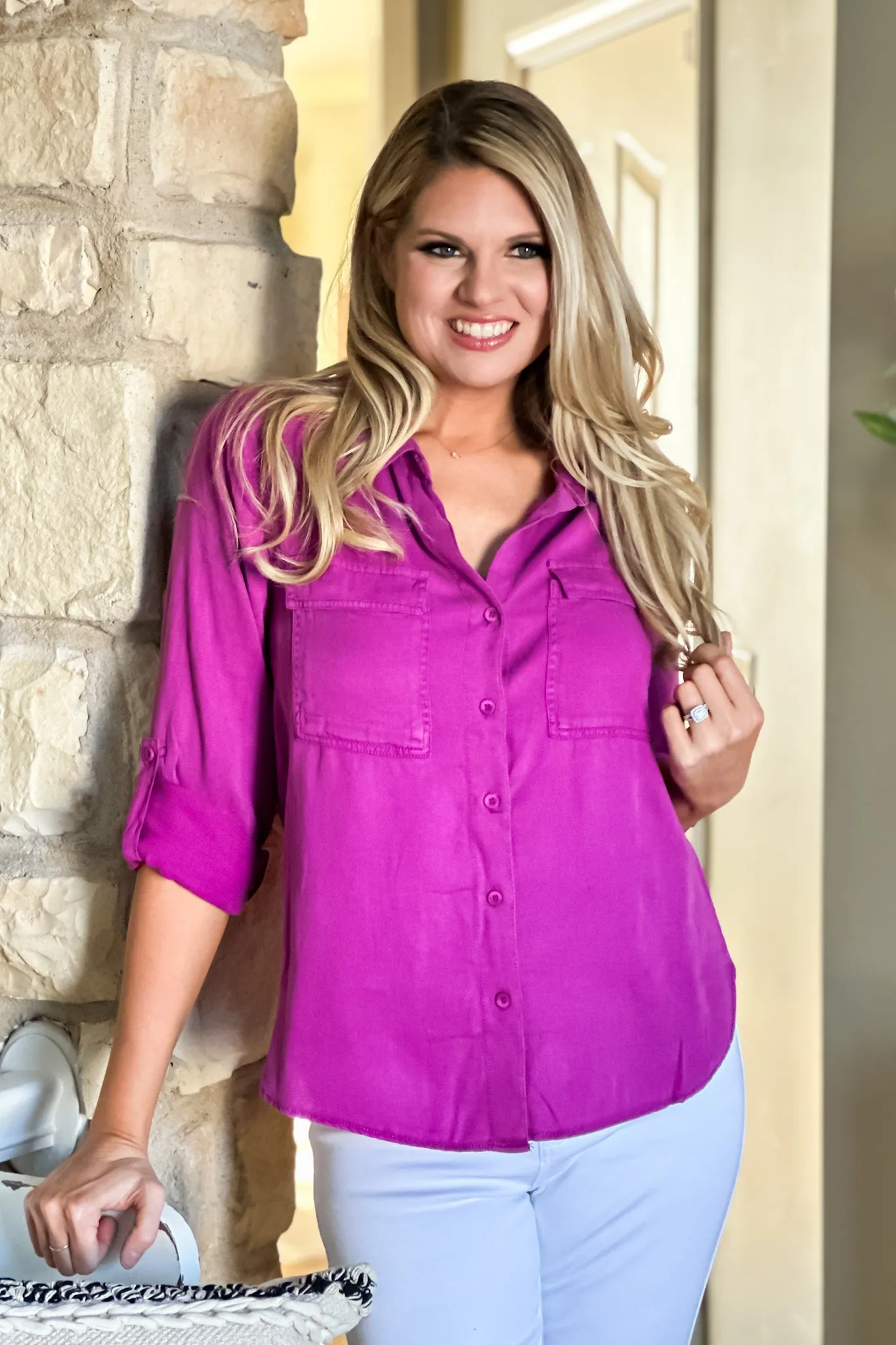 Velvet Heart Telma Linen Button Down Top : Magenta