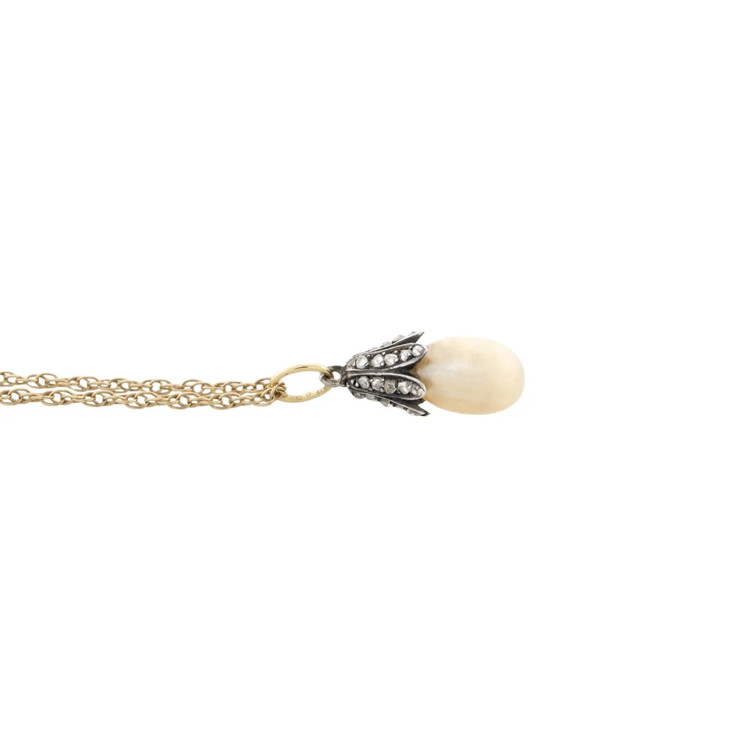 Victorian 14kt/Sterling Natural Pearl   Diamond Pendant Necklace