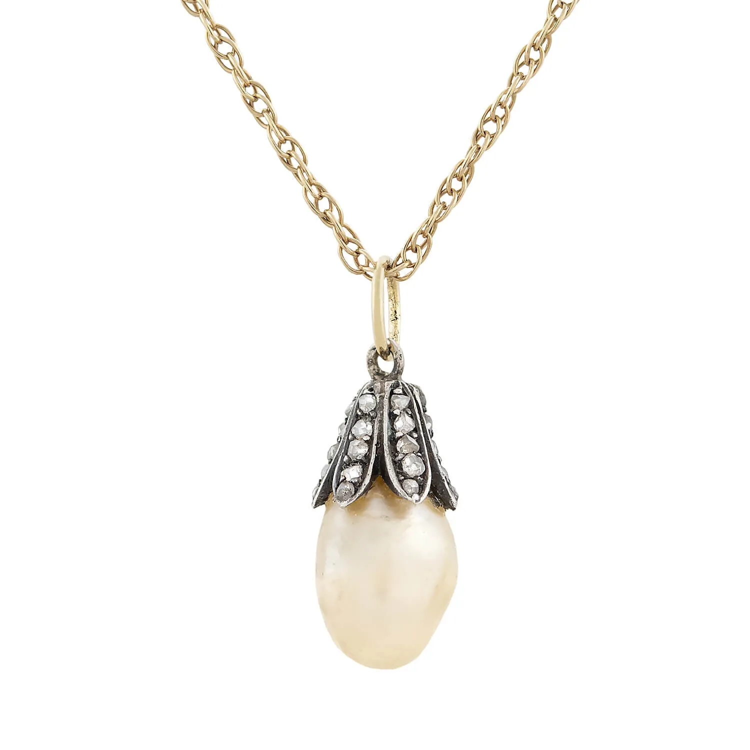 Victorian 14kt/Sterling Natural Pearl   Diamond Pendant Necklace