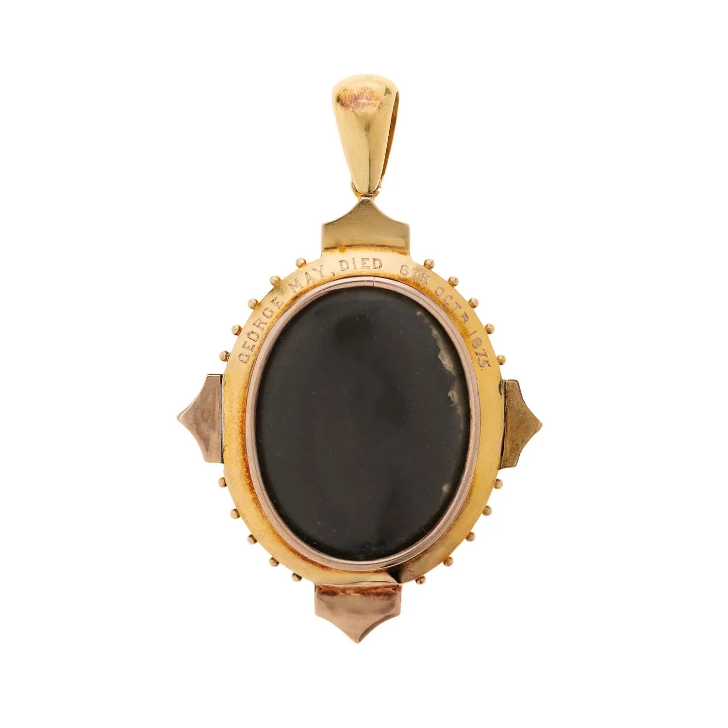 Victorian 18k Banded Agate, Pearl   Enamel Mourning Locket