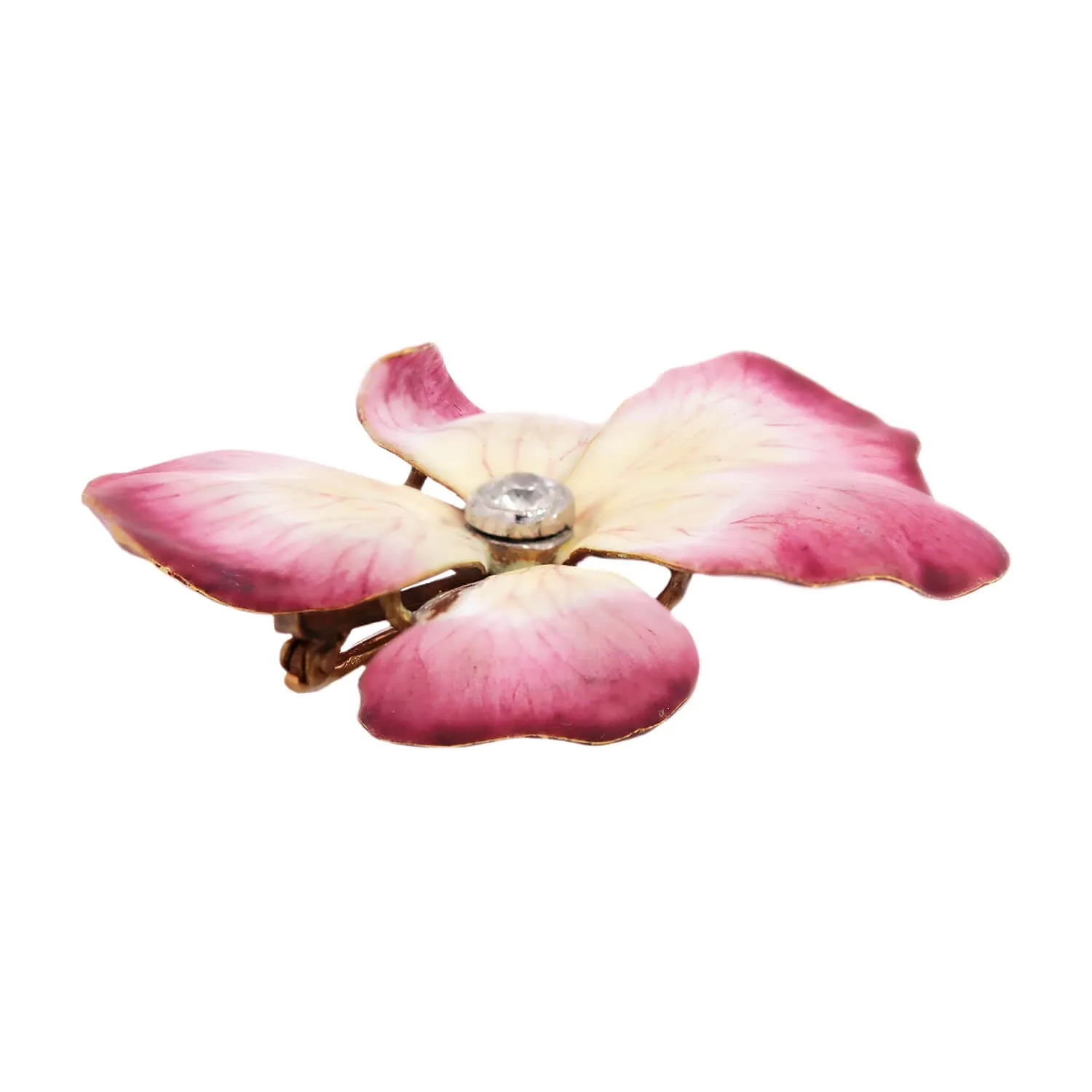 Victorian French 18kt Pink Enamel & Diamond Flower Pin