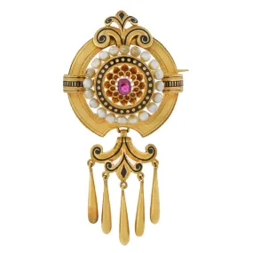 Victorian Large French 18kt Ruby, Natural Pearl,   Enamel Pin