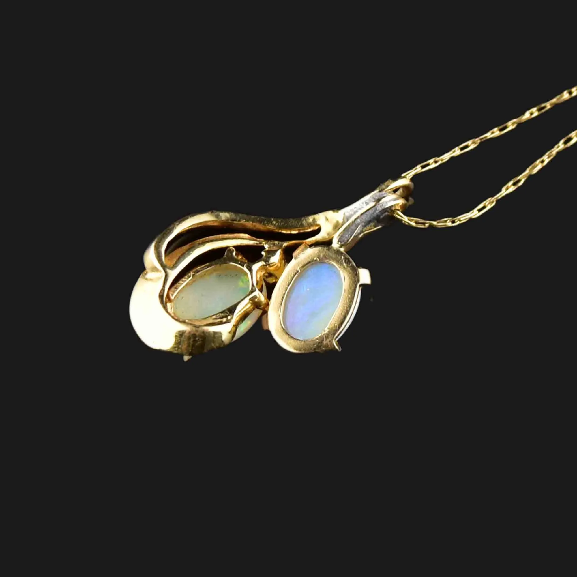 Vintage 14K Gold Diamond Double Opal Pendant Necklace