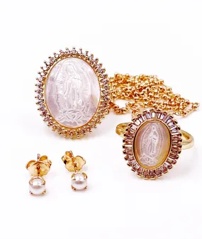 Virgen de Guadalupe Gift 3 Pcs Set, Catholic Jewelry, Our Lady of Guadalupe Medal Necklace, Dainty Pearl Studs, Virgin Mary Fashion Ring