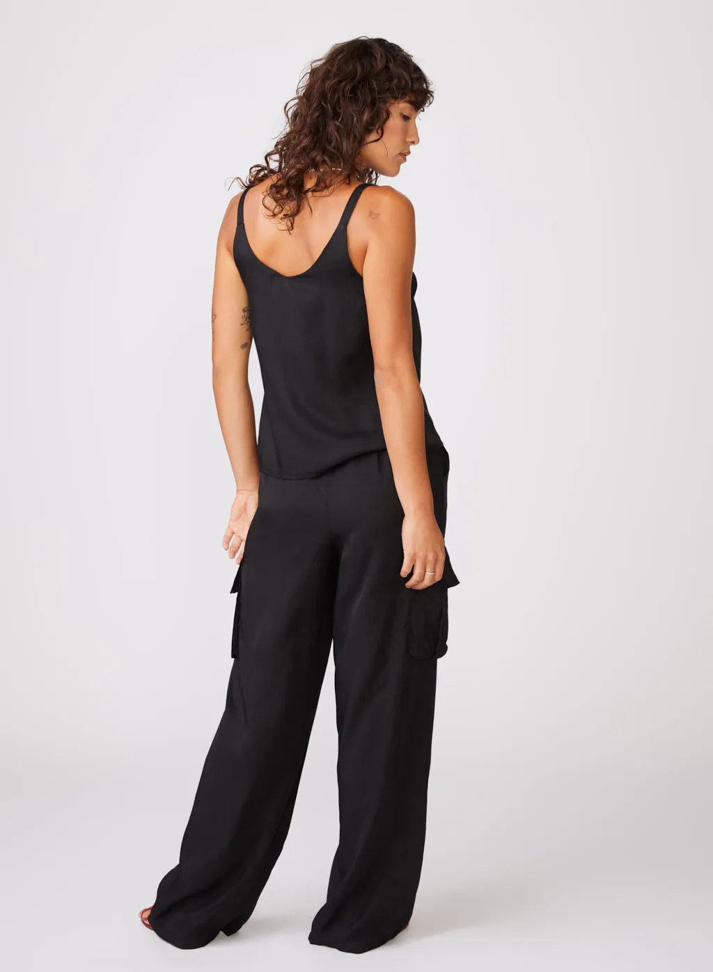 Viscose Satin Cargo Pant in Black