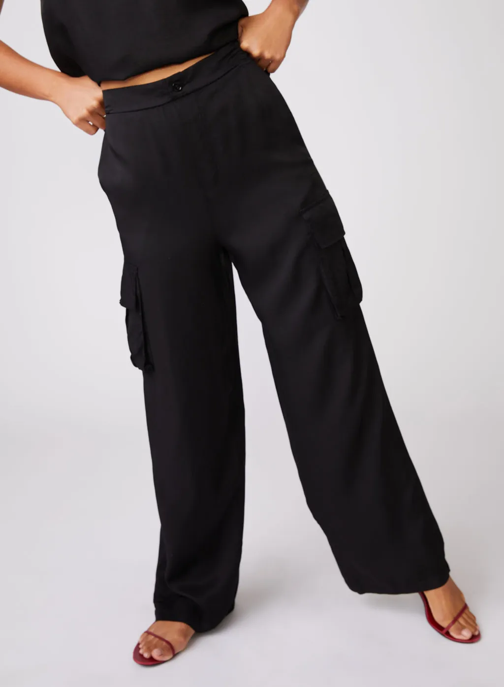 Viscose Satin Cargo Pant in Black