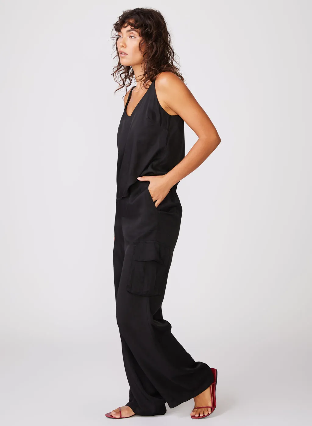 Viscose Satin Cargo Pant in Black