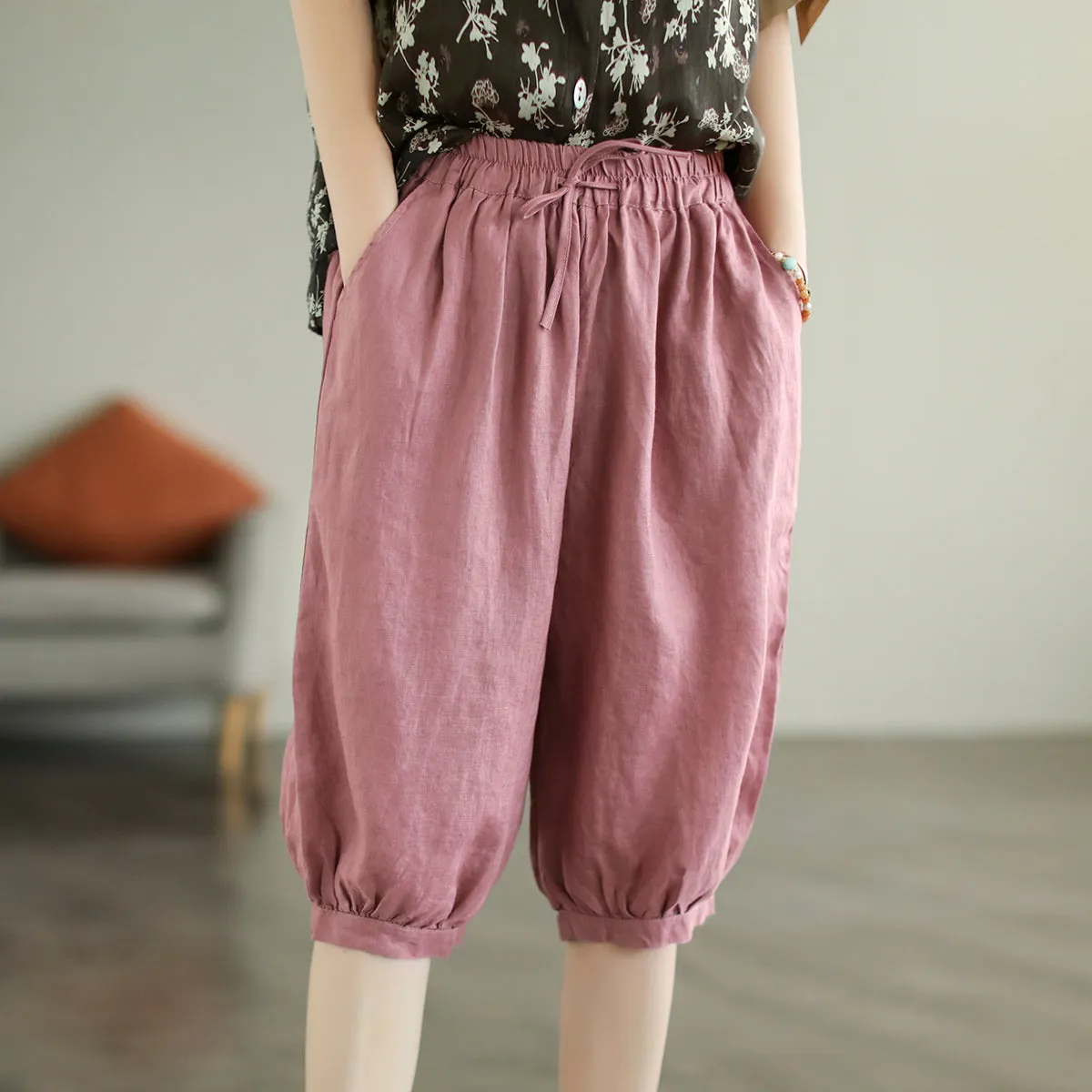 Women Knee Height Summer Solid Linen Casual Shorts