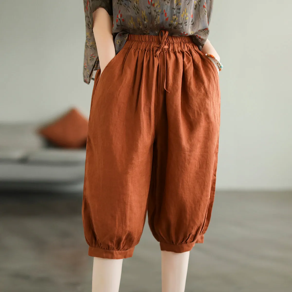 Women Knee Height Summer Solid Linen Casual Shorts