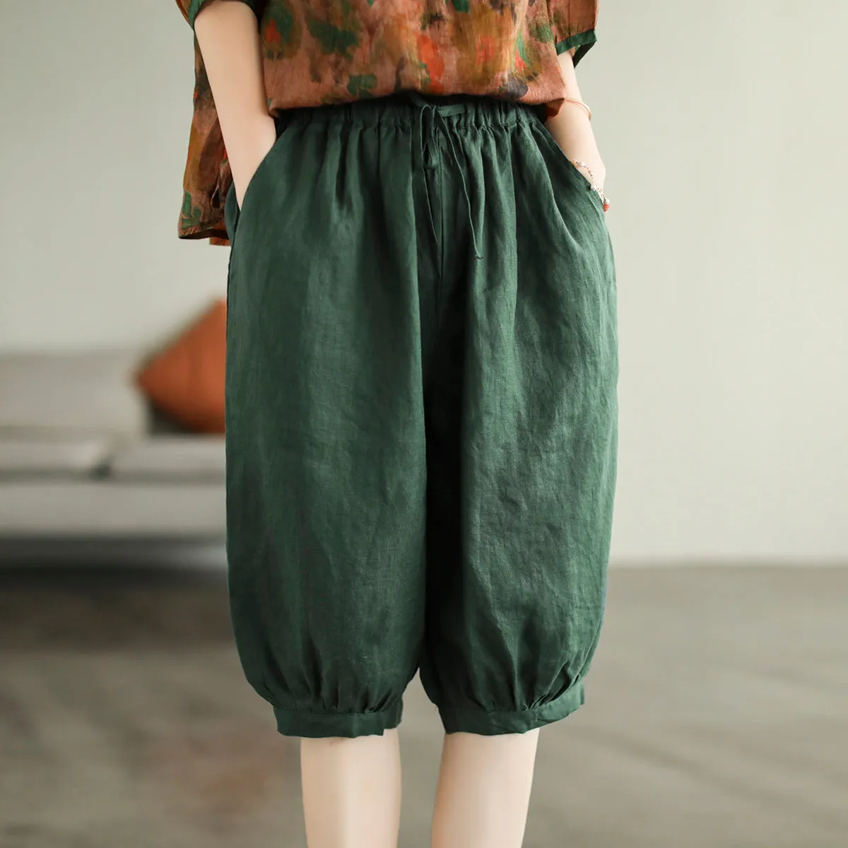 Women Knee Height Summer Solid Linen Casual Shorts