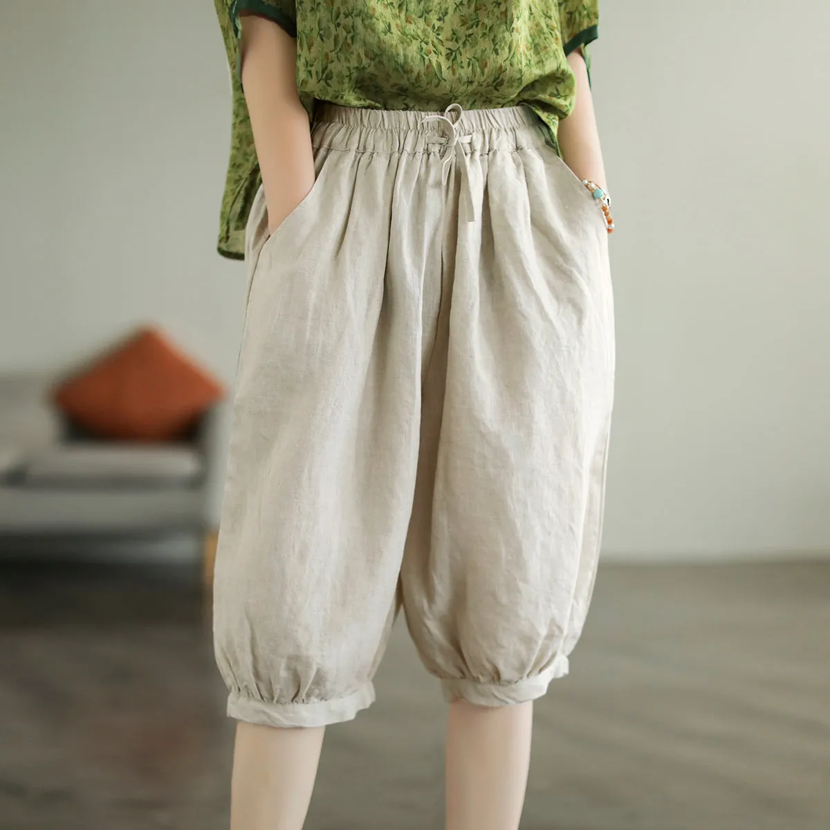 Women Knee Height Summer Solid Linen Casual Shorts