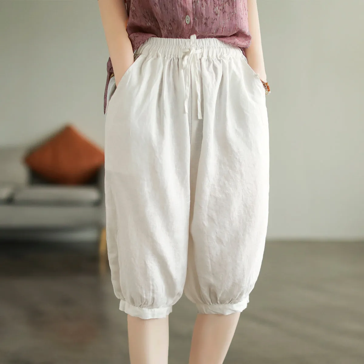 Women Knee Height Summer Solid Linen Casual Shorts