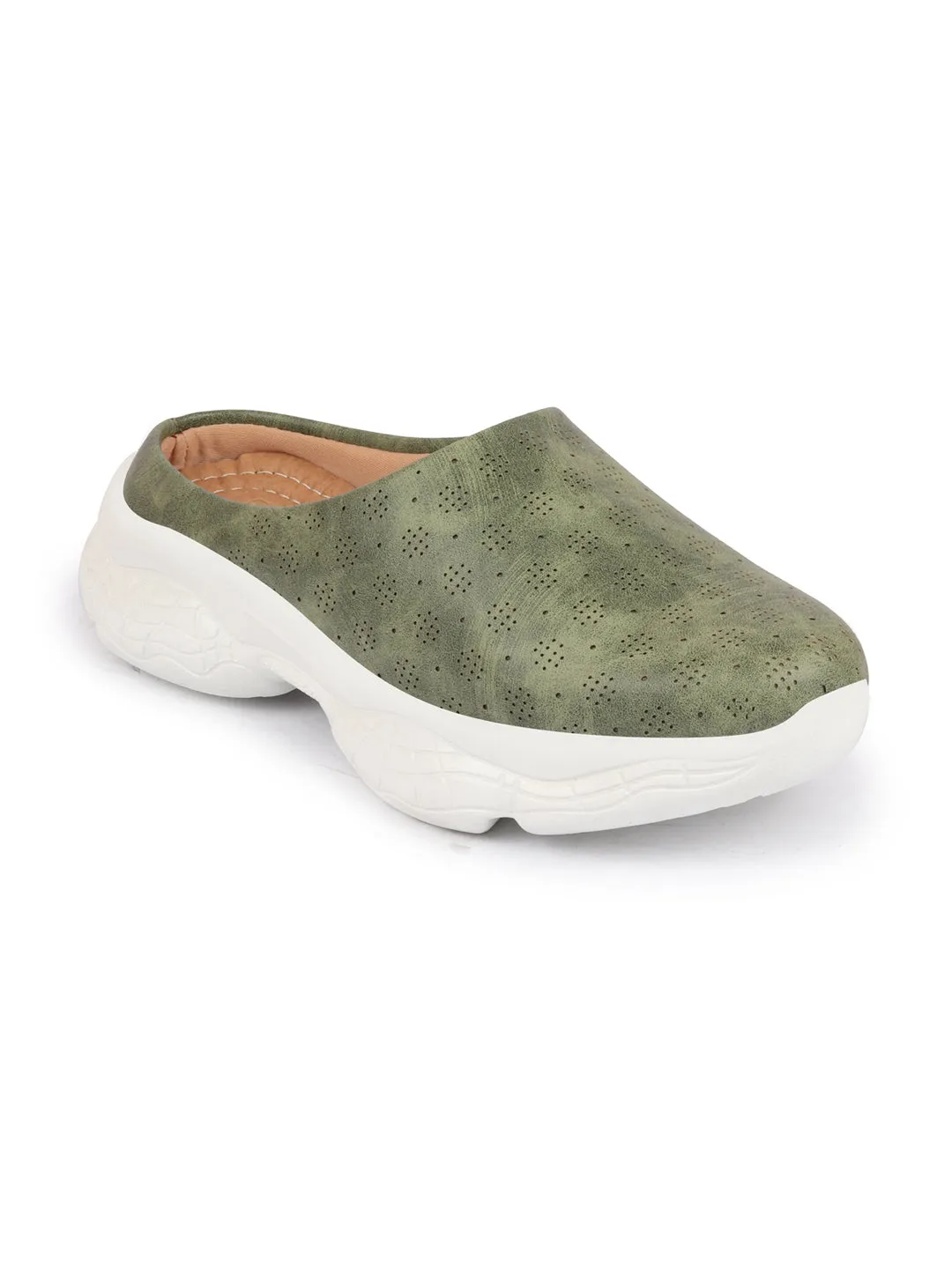 Women Olive Back Open Classic Design Slip On Mules Shoes