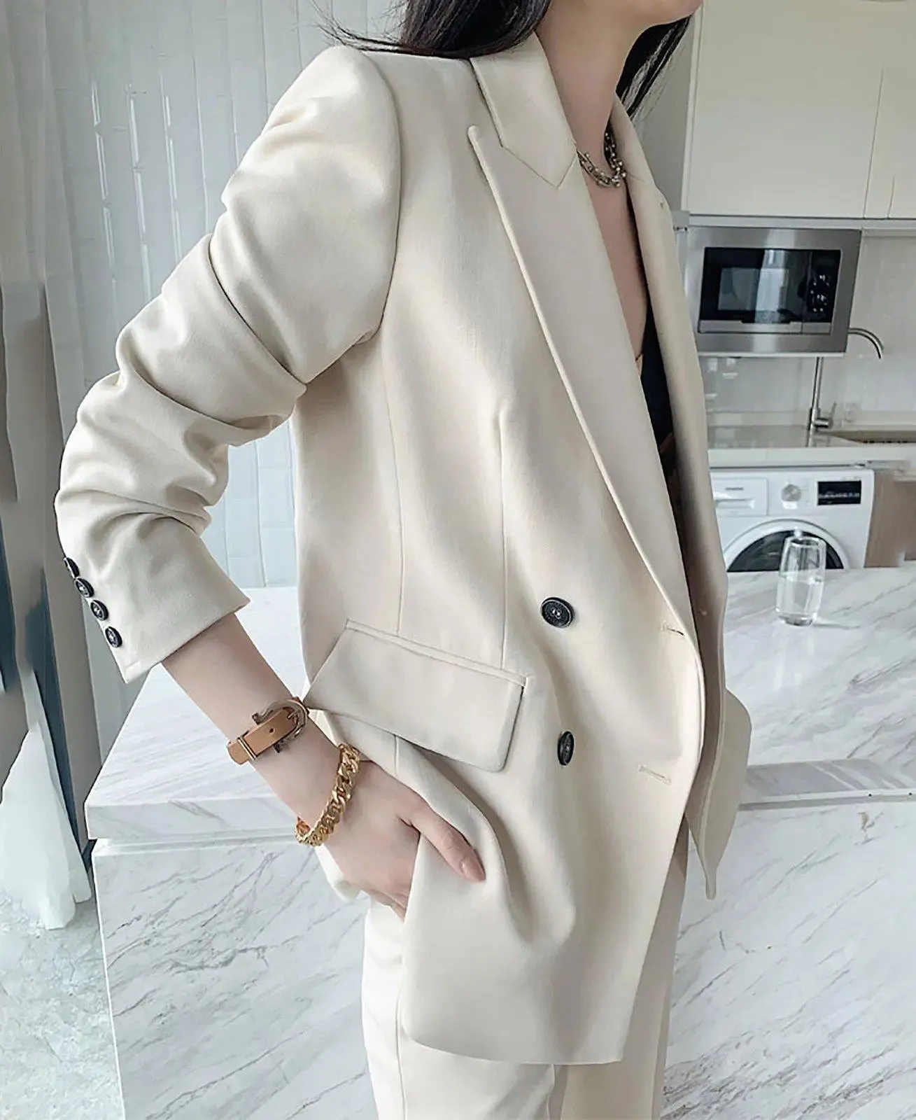 Women's Beige Blazer Suit Wide Leg Pants,Double Breasted Blazer Coat,High Waist Trousers,wedding suit women,Fall Coat Suit,Office Lady wear